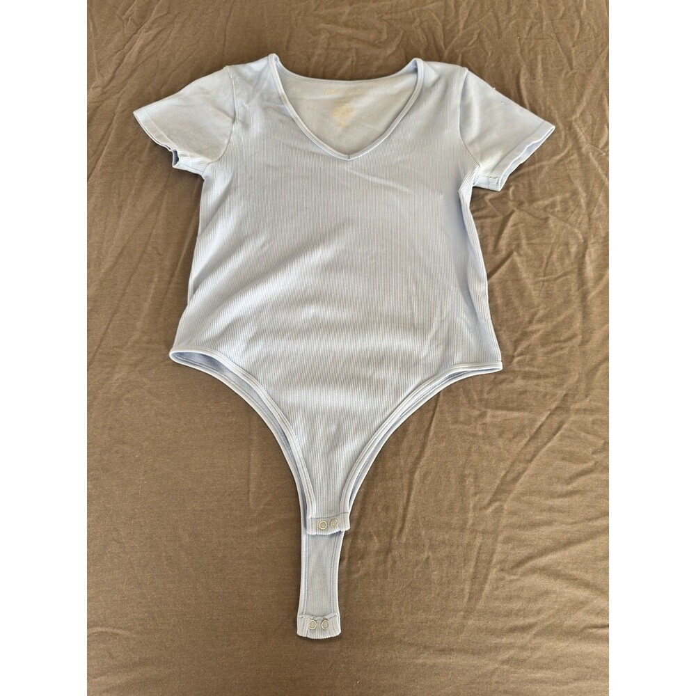 Gypsy + Jade Ribbed Knit Stretch Bodysuit Light Blue Snap Accents L/XL Women